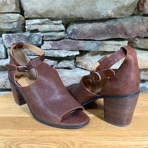 Lucky Brand Kadian Peep Toe Leather Shoe Stacked Heel Buckle Brown Sz 9